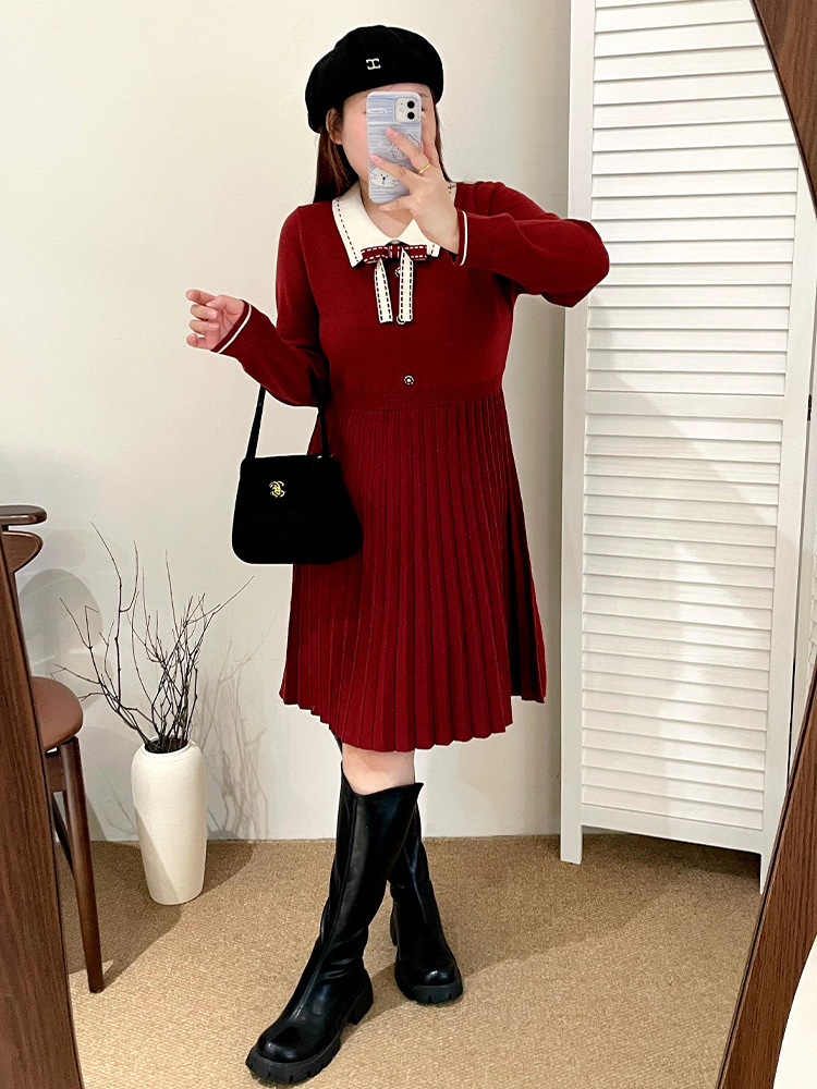 大码女装撞色POLO领毛衣裙2025冬胖mm气质小香针织连衣裙女23517